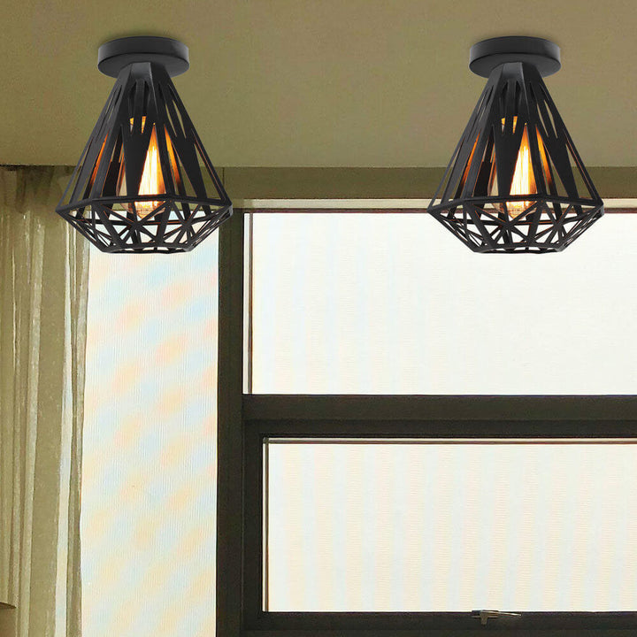 Contemporary Industrial Simple Iron Diamond Cage 1-Light Semi-Flush Mount Ceiling Light