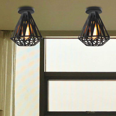 Montaje de techo semienrasado de 1 luz con jaula de diamante de hierro simple industrial 