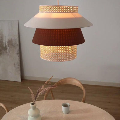 Traditional Japanese Round Fabric Rattan 1-Light Pendant Light For Living Room