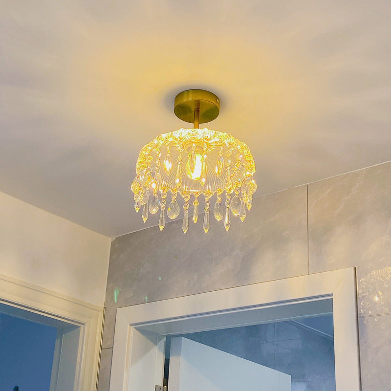 Traditionelle französische runde Deckenleuchte aus Eisen, Kupfer, Glas und Kristall, 1-flammig, halbbündige Montage, für Schlafzimmer 