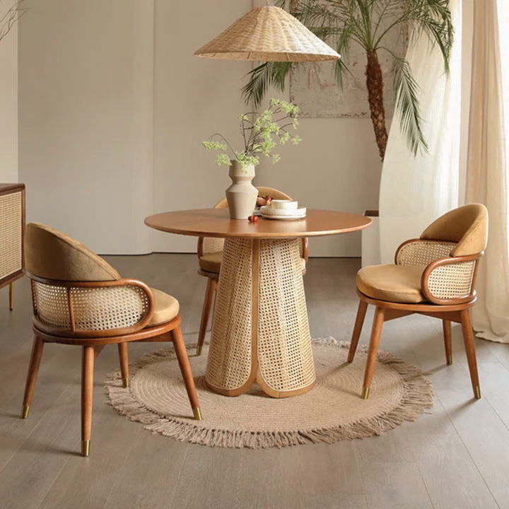Contemporary Nordic Weaving Ash Wood Rattan Velvet Sponge Round Dining Chair Backrest For Dining Room