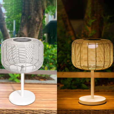 Contemporary Retro Solar Waterproof Weaving Rattan Metal Cylinder LED Landscape Lighting Outdoor Light For Outdoor Patio