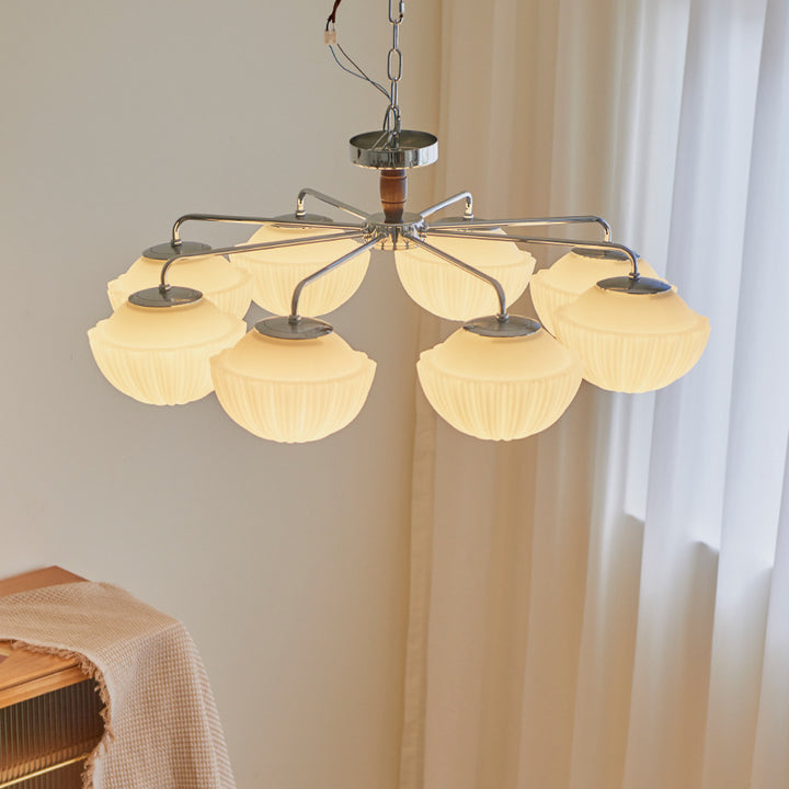 Traditionelle französische Schüssel geripptes Eisen Holz Glas 3/5/8 Licht Halbbündige Deckenleuchte für Wohnzimmer 