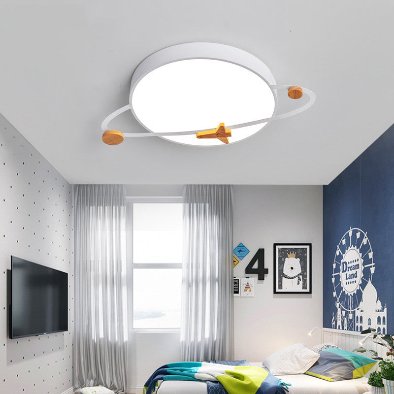 Contemporary Scandinavian Iron Acrylic Wood Round Planet Design LED Kids Flush Mount Ceiling Light For Bedroom