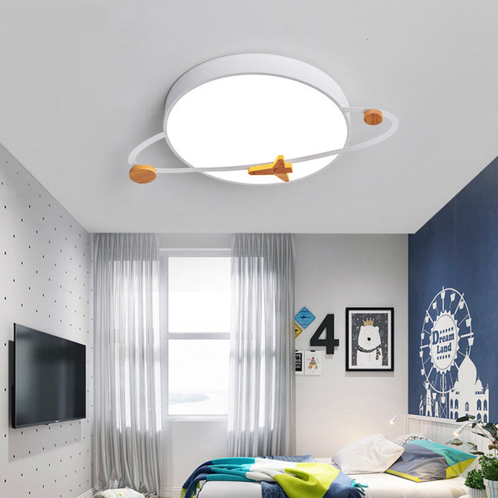 Contemporary Scandinavian Iron Acrylic Wood Round Planet Design LED Kids Flush Mount Ceiling Light For Bedroom