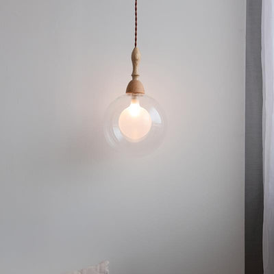 Lámpara colgante de 1 luz de vidrio y madera con forma de orbe japonés tradicional para sala de estar 