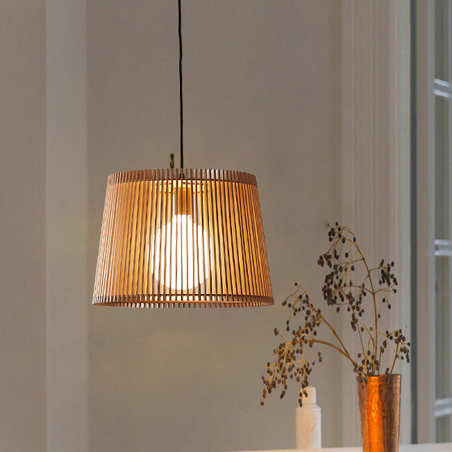 Traditional Japanese Wood Acrylic Cylinder Bucket 1-Light Pendant Light For Dining Room