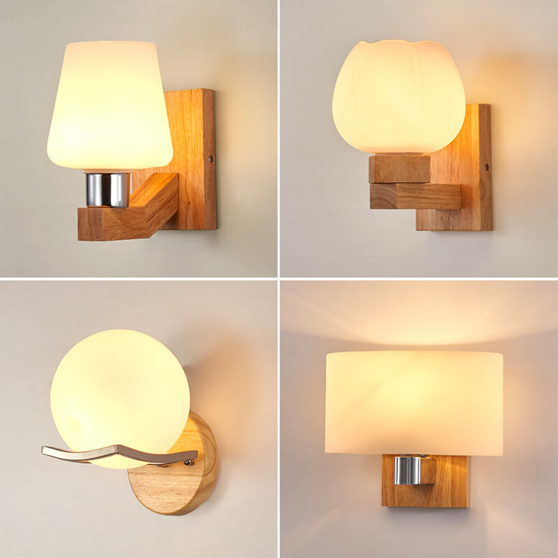 Modern Minimalist Rubberwood Glass Iron Geometric Design 1-Light Wall Sconce Lamp For Living Room &amp; Bedroom
