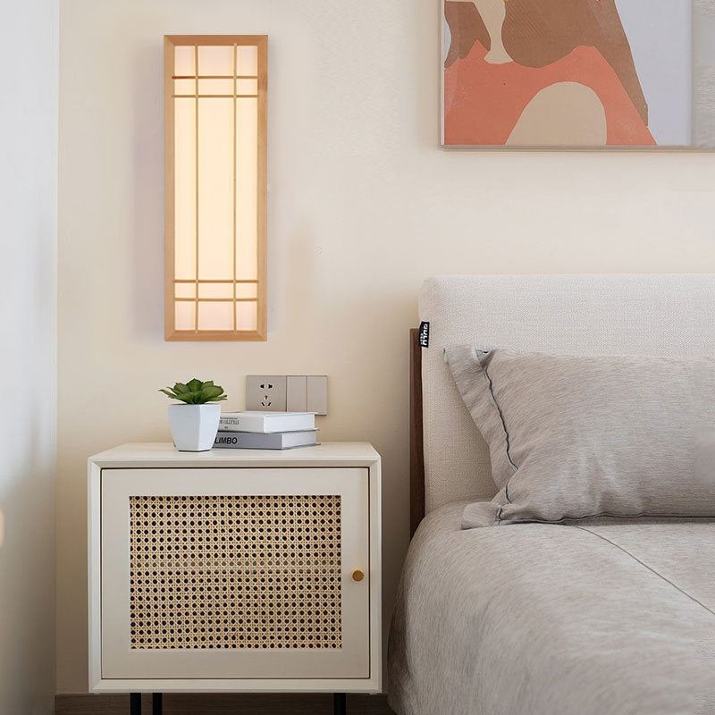 Traditionelle japanische rechteckige Massivholz-Acryl-LED-Wandleuchterlampe für Schlafzimmer 