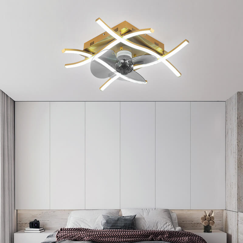 Modern Minimalist Square Aluminum Corrugated Inverter LED Flush Mount Ceiling Fan Light