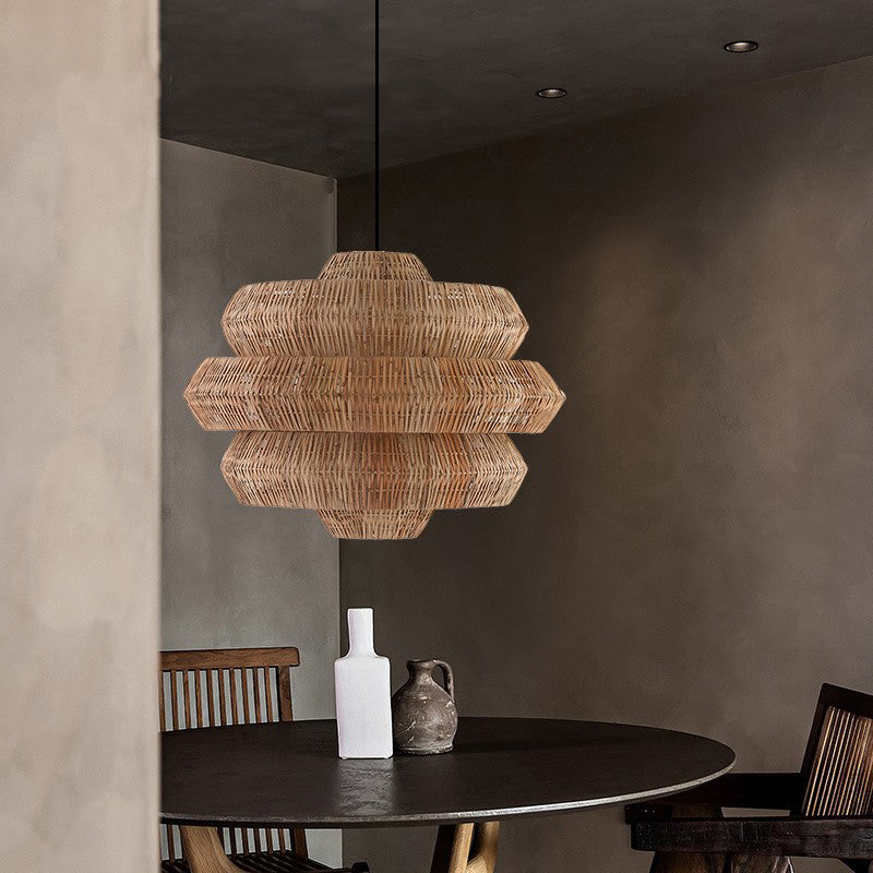 Zeitgenössischer Boho-Kronleuchter mit mehrschichtigem, rundem Rattan-Gewebe und 1 Licht für das Wohnzimmer 