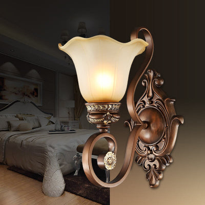 Traditional Vintage Iron Glass Flower Shape 1-Light Wall Sconce Lamp For Hallway