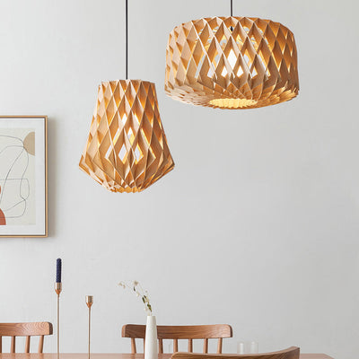 Moderne minimalistische runde Diamant Massivholz Skelett 1-Licht Pendelleuchte für Wohnzimmer 