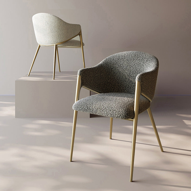 Silla de comedor contemporánea de lujo redonda de lana de cordero con patas de acero inoxidable, respaldo y reposabrazos para comedor 