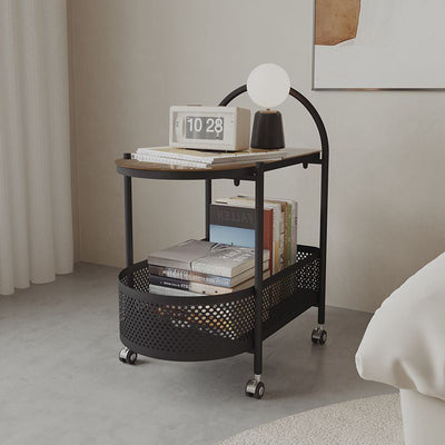 Table d'appoint roulante contemporaine en verre rond avec panier de rangement en fer à 2 niveaux pour salon 