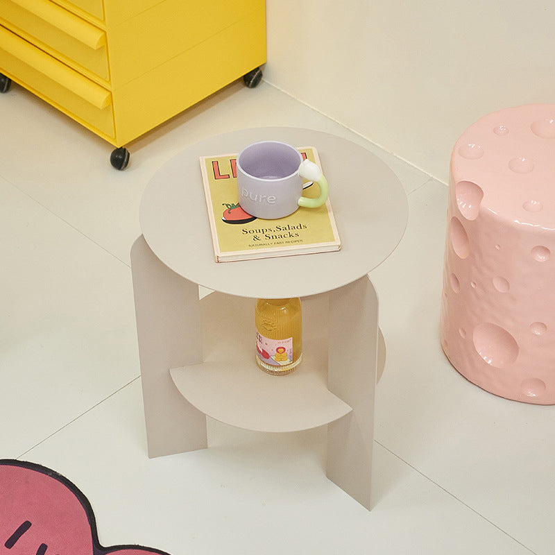 Mesa de café de hierro redonda minimalista moderna con 1 estante para sala de estar 