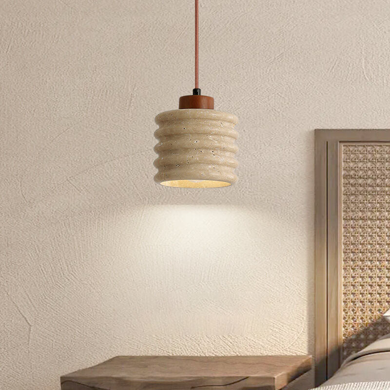 Japanese Wabi-Sabi Yellow Travertine Cylinder Lampshade Wood 1-Light Pendant Light