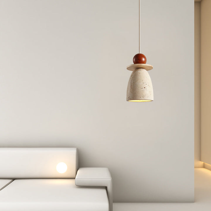 Lustre suspendu à 1 lumière en bois massif avec abat-jour en travertin en demi-cercle de style japonais traditionnel Wabi Sabi pour le salon 