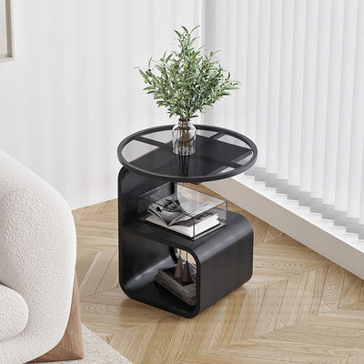 Modern Minimalist Round Square Base Glass Iron End Table 3-Tier For Living Room