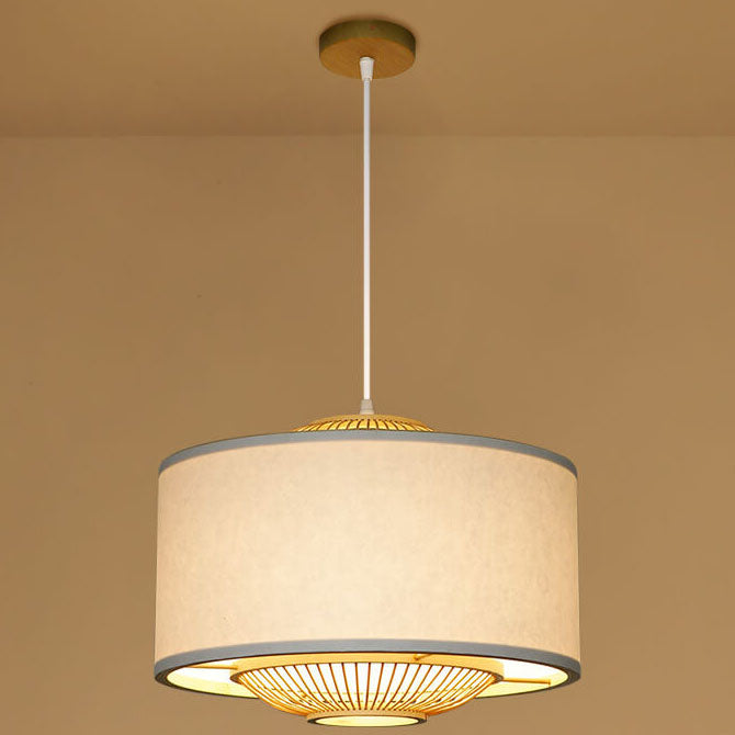 Contemporary Scandinavian Zen Bamboo Weaving Parchment Drum 1-Light Pendant Light for Living Room
