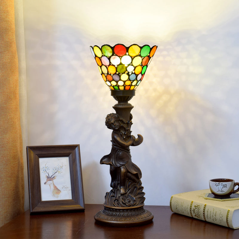 Traditional European Resin Glass Floral Round Boy 1-Light Table Lamp For Study