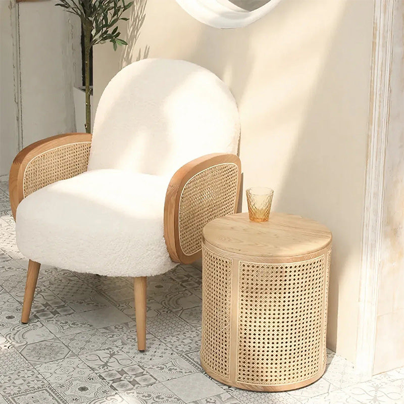 Contemporary Scandinavian Cylindrical Ash Wood Indonesian Rattan Coffee Table For Living Room