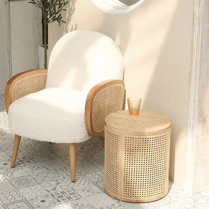 Contemporary Scandinavian Cylindrical Ash Wood Indonesian Rattan Coffee Table For Living Room