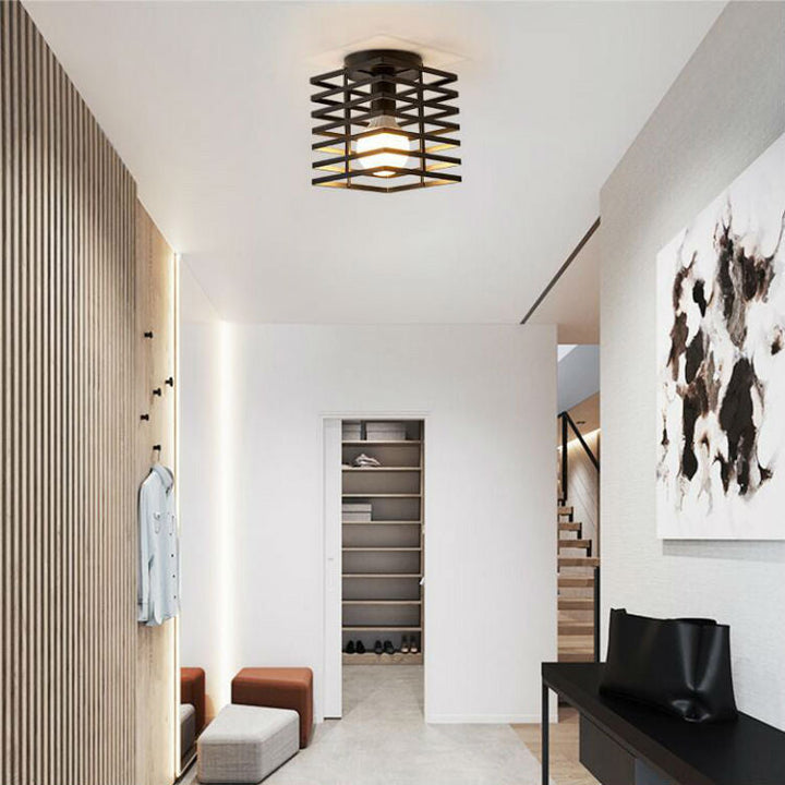 Traditionelle Bauernhaus Eisendraht quadratisch Käfig 1-Licht Semi-Flush Mount Deckenleuchte für Flur 