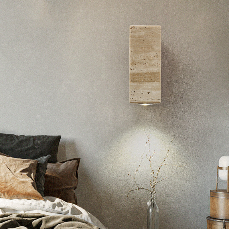 Japanischer Wabi-Sabi Runder Quadrat Gelber Travertin Gummi Holz 1-Licht Spotlight Wandleuchte 