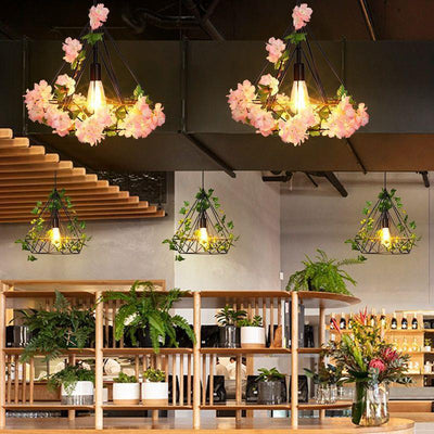 Luz colgante de 1 luz con hoja de sakura de diamante de vegetación simulada de cuerda de cáñamo de hierro retro contemporáneo para comedor 