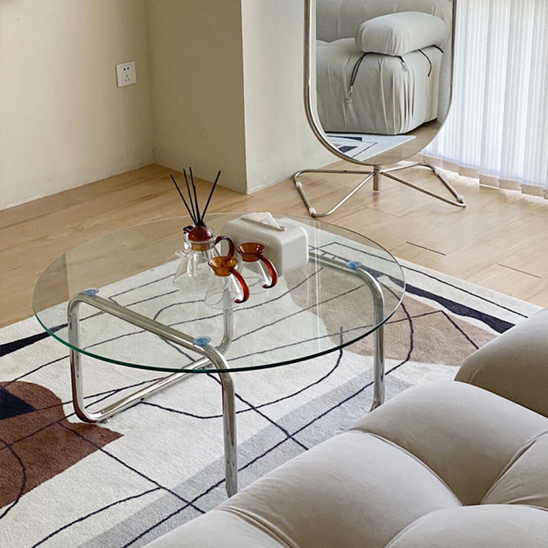 Modern Minimalist Round Glass Stainless Steel Base Coffee Table For Living Room