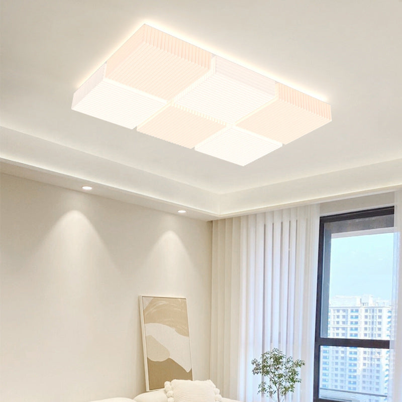 Plafonnier LED moderne à monture affleurante avec abat-jour en cube nervuré PE pour salon 
