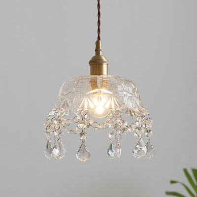 Luminaire suspendu contemporain nordique rond en laiton sculpté avec verre et cristal à 1 lumière pour salon 