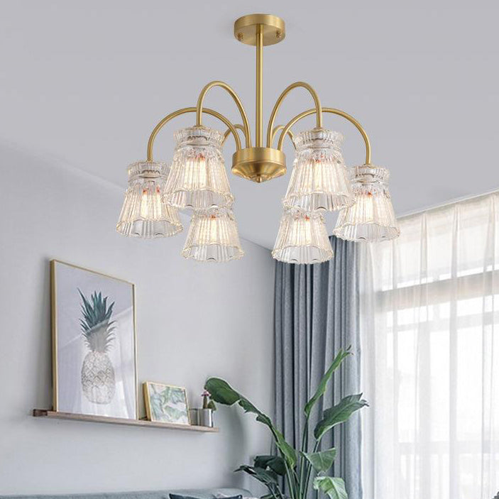 Zeitgenössische Retro gebogene Stange Blume Tasse Kupfer Glas 3/5/6 Licht Kronleuchter für Wohnzimmer 