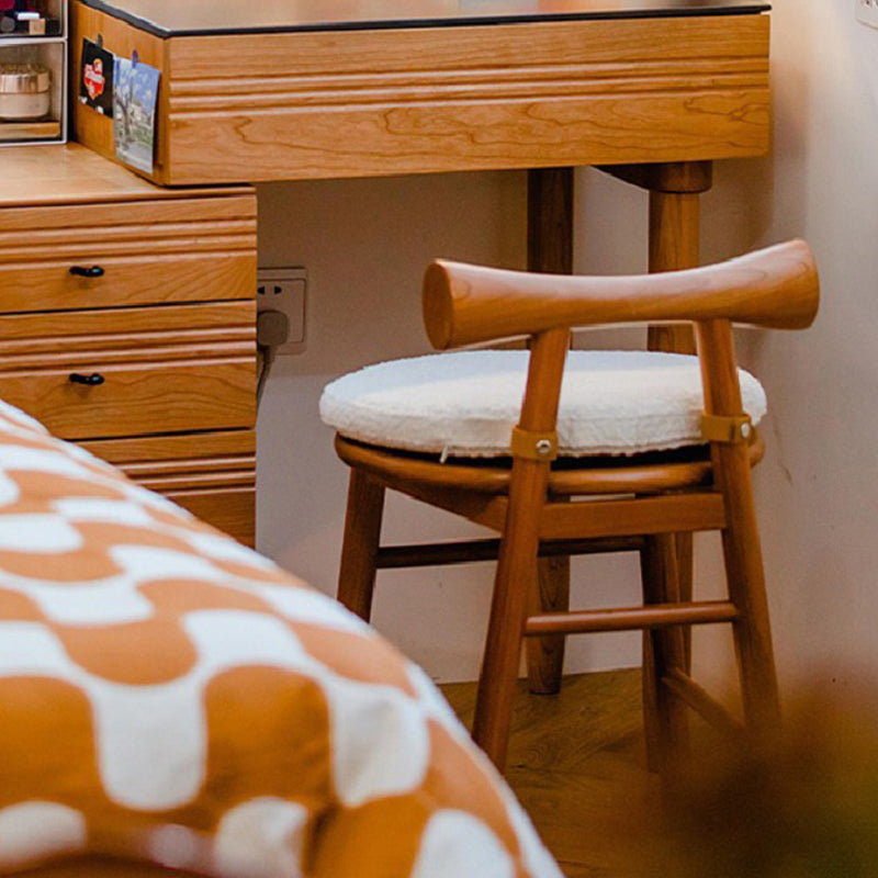 Taburete tocador redondo de madera de estilo moderno y sencillo con tela sherpa, respaldo y reposapiés para dormitorio 