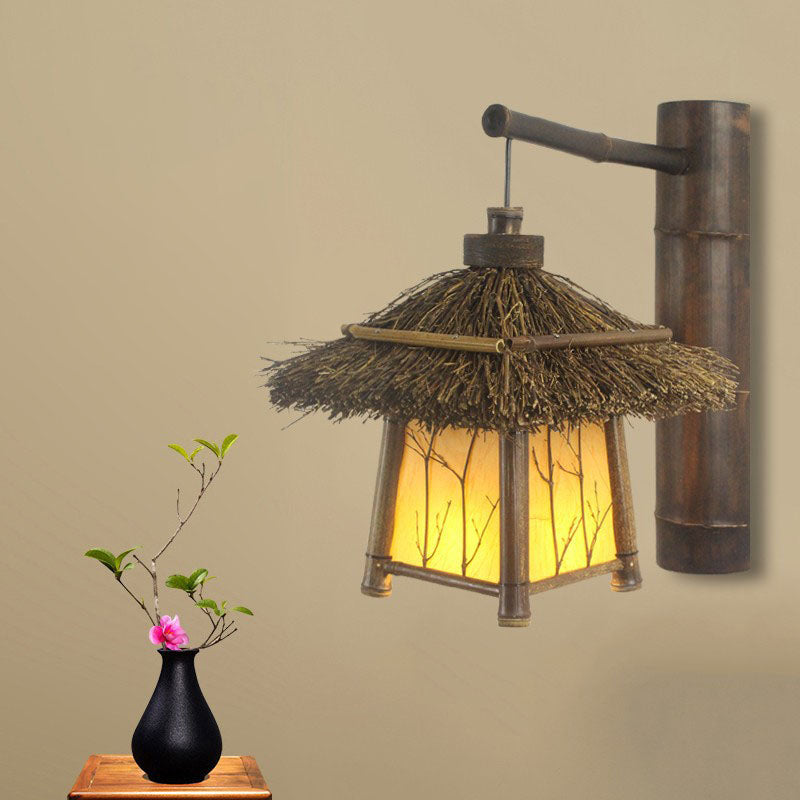 Applique murale rustique traditionnelle en bambou à 1 lumière pour patio extérieur 