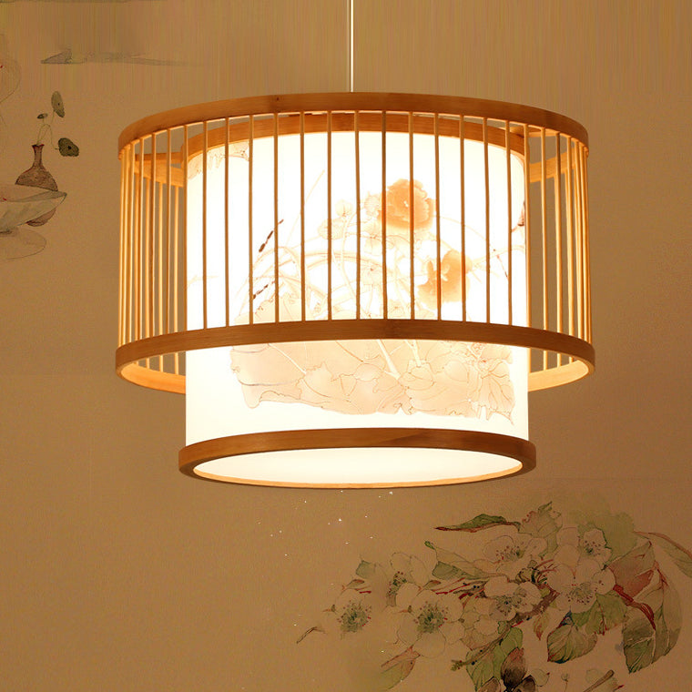 Traditionelle chinesische Bambusweberei Stoff Runde 1-Licht Pendelleuchte für Esszimmer 