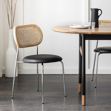 Contemporary Nordic Round PU Leather Faux Rattan Weaving Iron Chair Backrest For Living Room