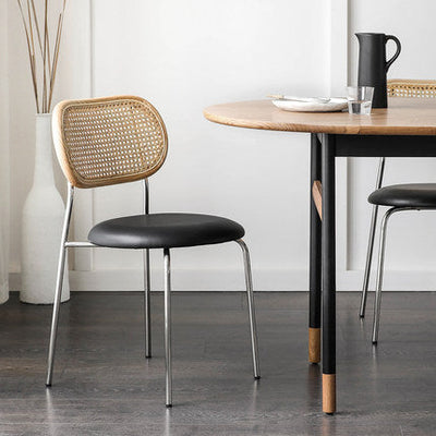 Contemporary Nordic Round PU Leather Wood Rattan Chair Backrest For Living Room