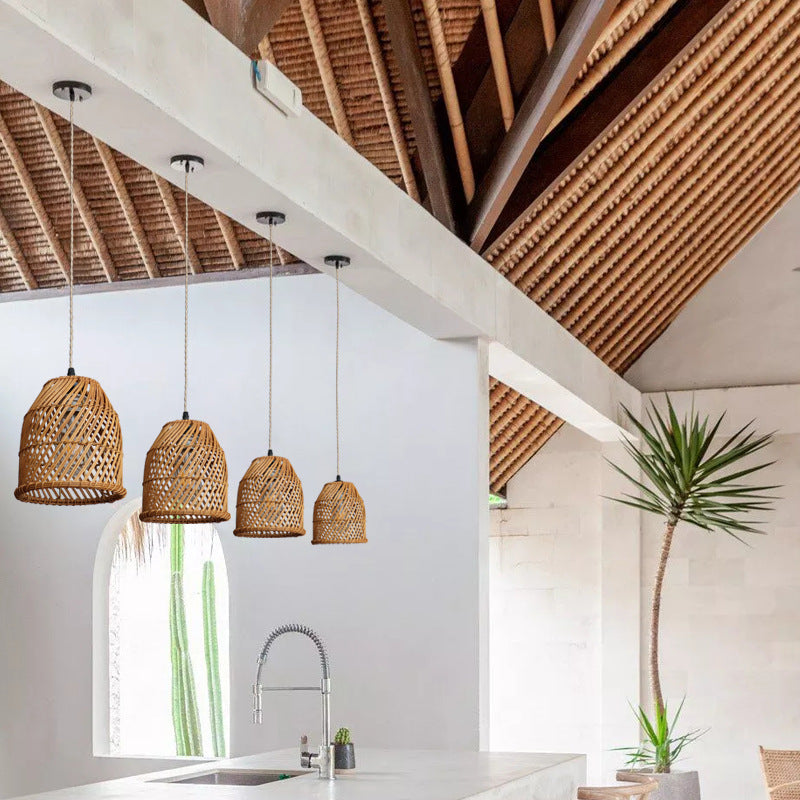 Traditional Chinese Round Bamboo Rattan Sphere 1-Light Pendant Light For Living Room