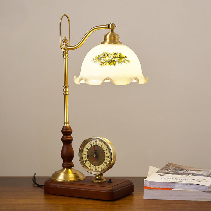 Lampe de Table Traditionnelle Rétro Florale en Bois Massif avec Verre Cuivre à 1 Lumière pour Chambre 