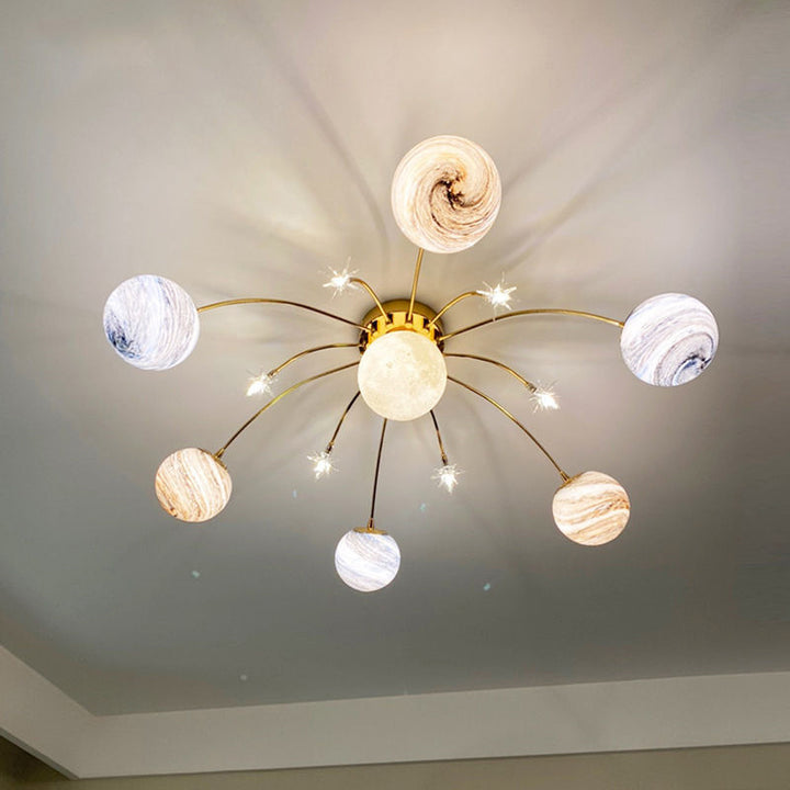 Contemporain Nordic Kids Fer Verre Balle Terre Planète 13-Lumières Semi-Plafonnier pour Chambre 