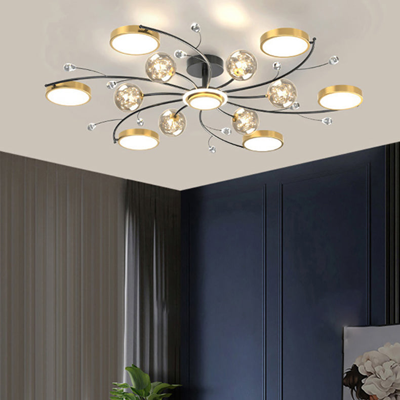 Moderner LED-Kronleuchter mit Eisenrahmen aus der Mitte des Jahrhunderts, Glasblase, für Wohnzimmer 