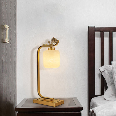 Traditionelle chinesische Laterne Zylinder Kupfer Glas 1-Licht Tischlampe für Schlafzimmer 