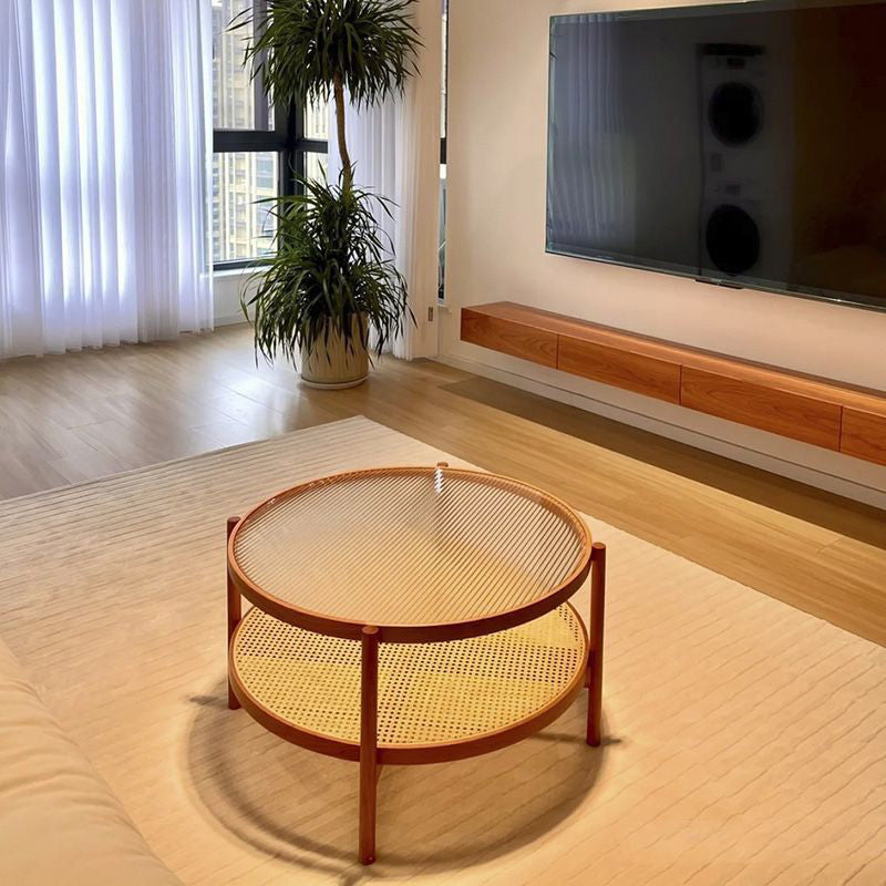 Modern Minimalist Round Horizontal Strip Glass Plastic Rattan Rubberwood Coffee Table 2-Tier For Living Room