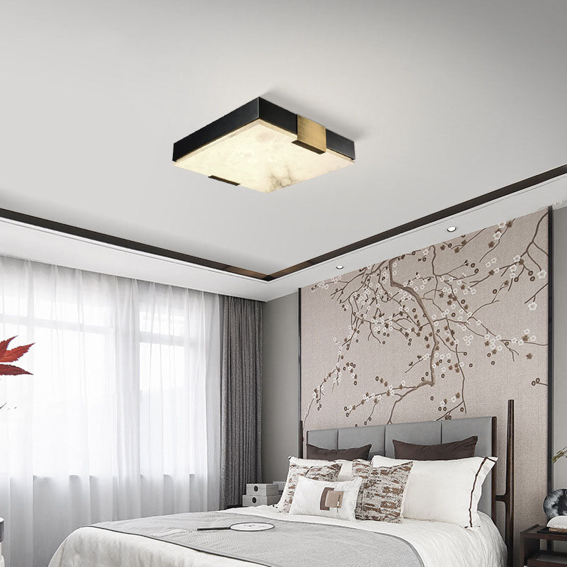 ضوء السقف LED بتصميم تقليدي صيني مربع بظل رخامي وإطار نحاسي لغرفة المعيشة 