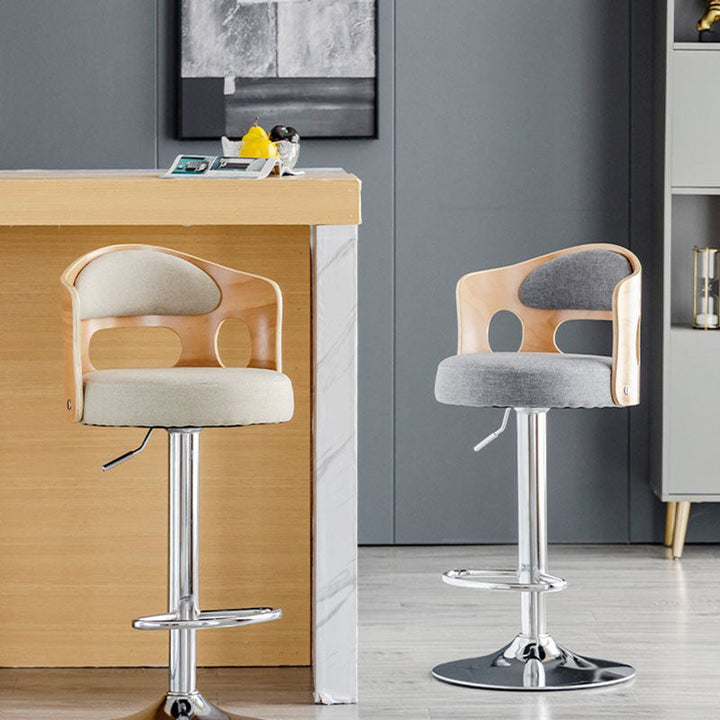 Contemporary Scandinavian Faux Leather Cotton-linen Bentwood Board Iron Round Bar Stool Backrest Footrest For Kitchen