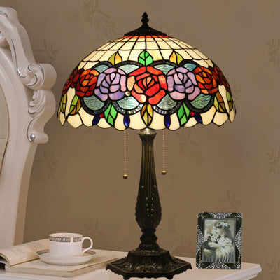 Tiffany Vintage Rose Stained Glass Dome 2-Light Table Lamp