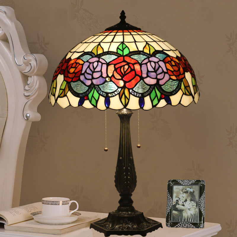 Tiffany Vintage Rose Stained Glass Dome 2-Light Table Lamp