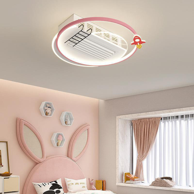 Contemporary Creative Acrylic Astronaut Moon LED Kids Flush Mount Ceiling Invisible Bladeless Fan Light For Bedroom